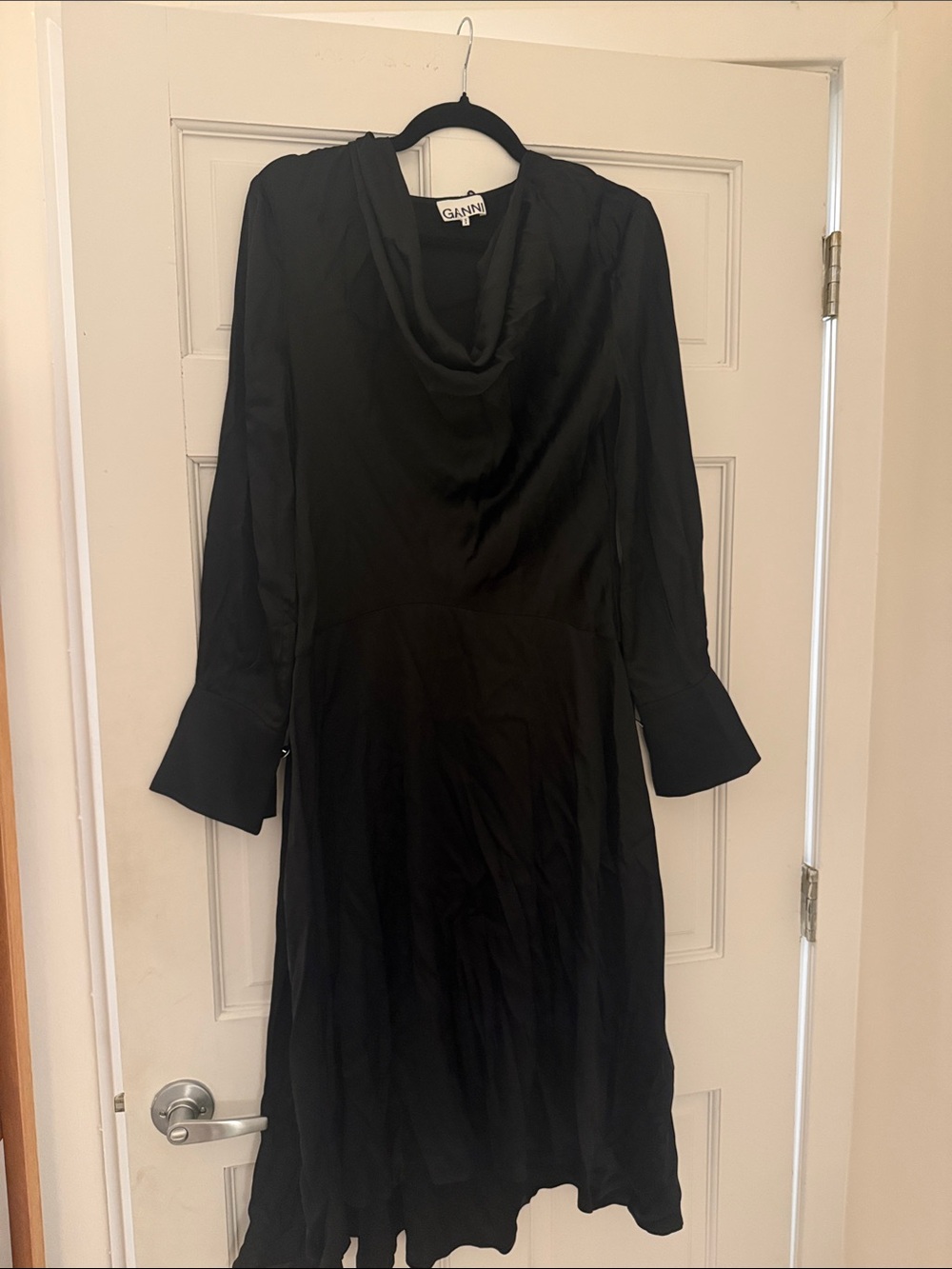Ganni Black Long-Sleeve Cowl-Neck Midi Dress